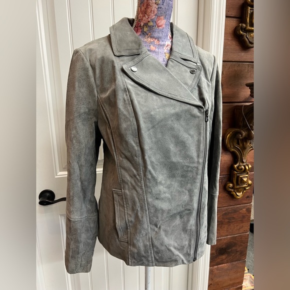Isaac Mizrahi Light Grey Suede Leather Jacket - Picture 2 of 6
